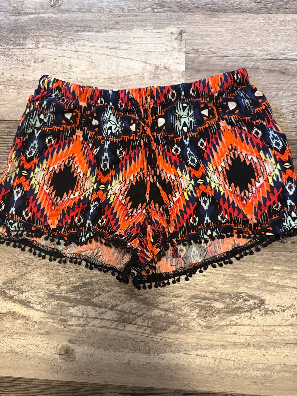 No Boundaries  Aztec Pom-Trim Shorts in Black & Orange